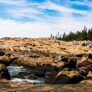 Rocky shoreline at Schoodic Point in Acadia National Park, Maine, with waves breaking against seaweed-covered boulders beneath a bright summer sky.