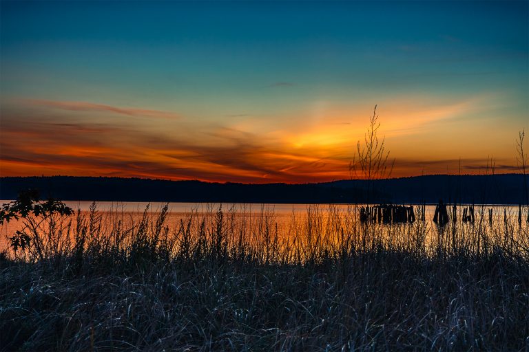 Sunrise over Sandy Point Beach in Stockton Springs, Maine, with glowing orange sky and dark reeds in silhouette.