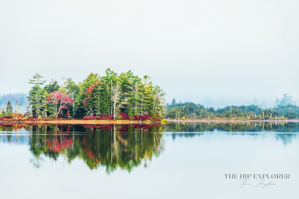 A foggy morning in Northport, Maine, with autumn trees reflected perfectly in still water.