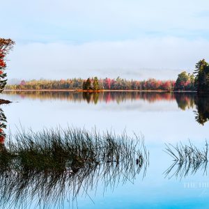 A foggy autumn morning in Northport, Maine, with colorful trees reflected in calm lake water.