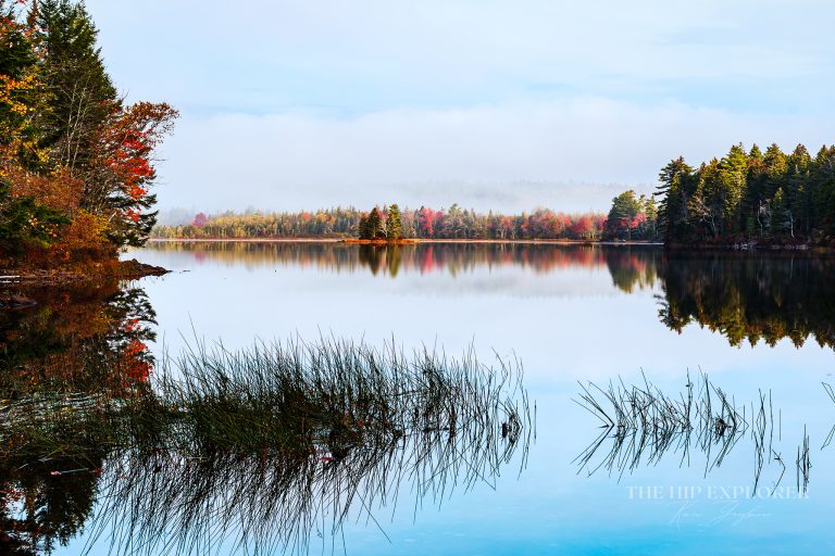 A foggy autumn morning in Northport, Maine, with colorful trees reflected in calm lake water.