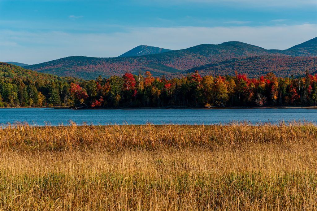 Autumn foliage and tall golden grasses along Flagstaff Lake with Sugarloaf Mountain in the background under a clear blue sky.