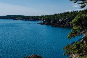 Rocky cliffs and evergreen forest along the blue waters of the Cutler Coast on a clear summer day in Downeast Maine.